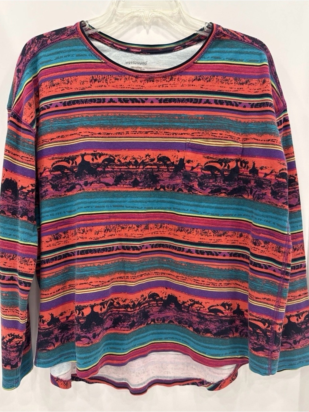 Westbound Women's XL Cotton L/S Hi-Low Hem Pocket Tee Multicolor Striped